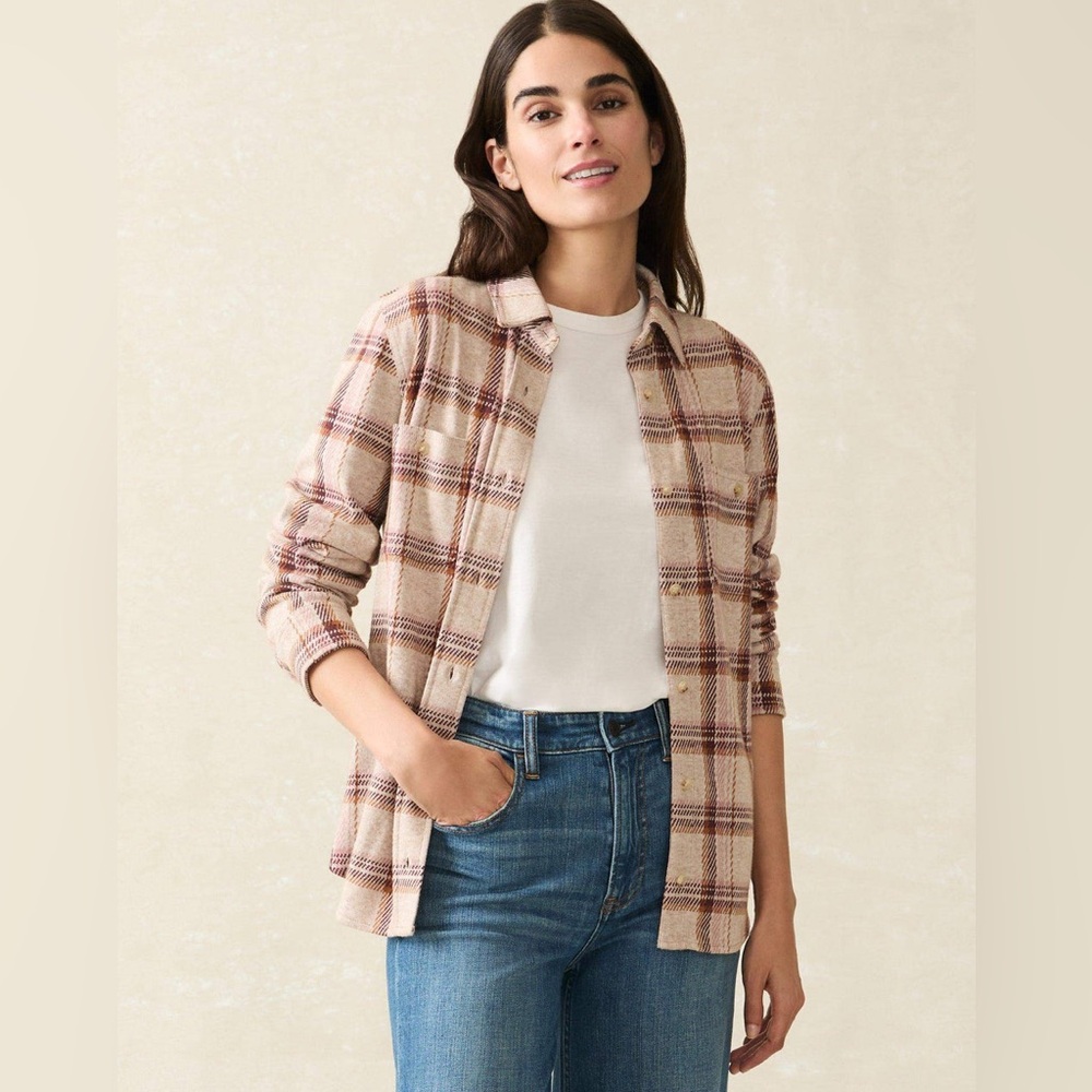 Faherty Women's Legend Sweater Shirt Plaid Cranberry Haze NWT